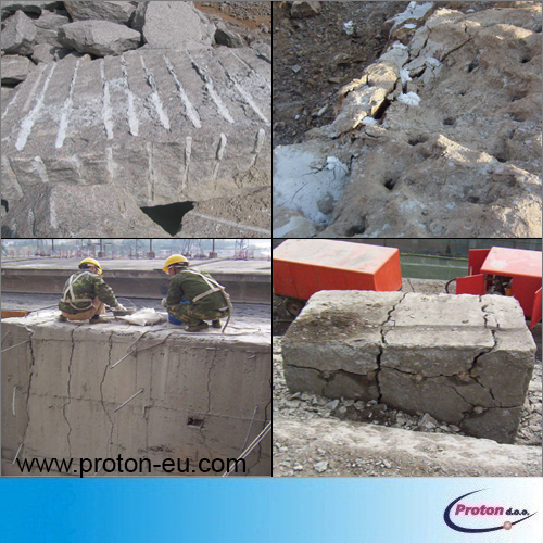 Neekslozivno raztezno sredstvo za rušenje 2 - Proton d.o.o. - Hladno miniranje - miner - minerstvo - TNT - kompresor - pnevmatsko vrtanje - vrtina - izvrtina - luknja - razbijanje - podiranje - hidravlično kladivo - pnevmatsko kladivo - pikiranje - nitroglicerin - kamen - živa skala - armiran beton - kamnolom - pruh - pesek - granulat - hidravlika - štemanje - vrtalnik - kladivo - macola - DTH - piker - pnevmatično - pištola - pick hammer - bager - rovokopač - minibager - midibager - JCB - Poclain - Volvo - MF - Massey Ferguson - Doosan - Daewoo
