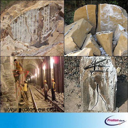 Neekslozivno raztezno sredstvo za rušenje 3 - Proton d.o.o. - Hladno miniranje - miner - minerstvo - TNT - kompresor - pnevmatsko vrtanje - vrtina - izvrtina - luknja - razbijanje - podiranje - hidravlično kladivo - pnevmatsko kladivo - pikiranje - nitroglicerin - kamen - živa skala - armiran beton - kamnolom - pruh - pesek - granulat - hidravlika - štemanje - vrtalnik - kladivo - macola - DTH - piker - pnevmatično - pištola - pick hammer - bager - rovokopač - minibager - midibager - JCB - Poclain - Volvo - MF - Massey Ferguson - Doosan - Daewoo