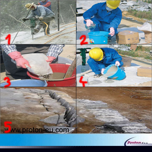 Neekslozivno raztezno sredstvo za rušenje 6 - Proton d.o.o. - Hladno miniranje - miner - minerstvo - TNT - kompresor - pnevmatsko vrtanje - vrtina - izvrtina - luknja - razbijanje - podiranje - hidravlično kladivo - pnevmatsko kladivo - pikiranje - nitroglicerin - kamen - živa skala - armiran beton - kamnolom - pruh - pesek - granulat - hidravlika - štemanje - vrtalnik - kladivo - macola - DTH - piker - pnevmatično - pištola - pick hammer - bager - rovokopač - minibager - midibager - JCB - Poclain - Volvo - MF - Massey Ferguson - Doosan - Daewoo